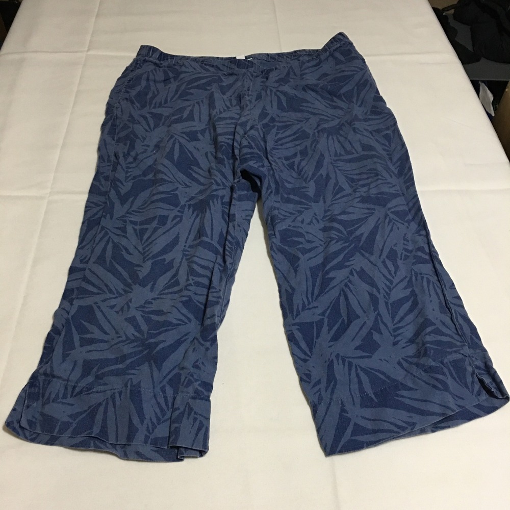 J.Jill Love Linen Pants Womens Medium Petite Blue Leaf Print Pull On Crop